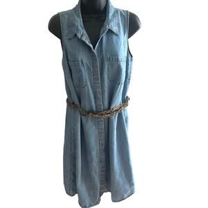 Western Denim Shirt Dress M Chambray Sleeveless Studded Collar‎ Rodeo Cowgirl